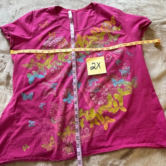 JMS Just My Size Pink with blue and yellow flowers 100% cotton t-shirt Size 2X - Picture 8 of 8